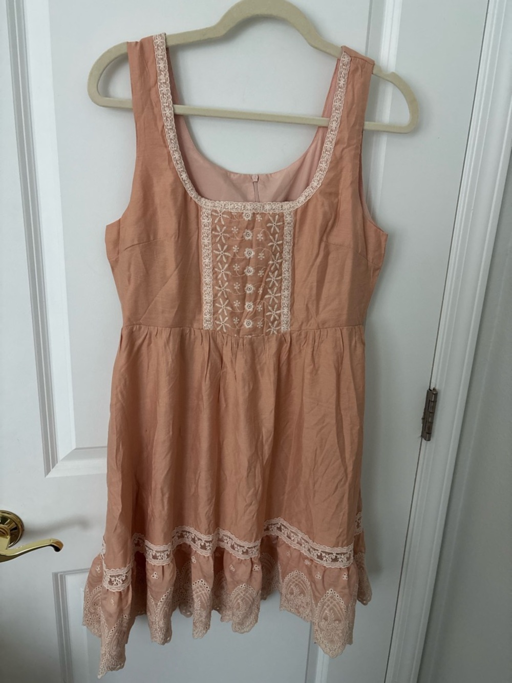 vintage-style peach mini dress floral eyelet embroidery lace M Prairie Babydoll